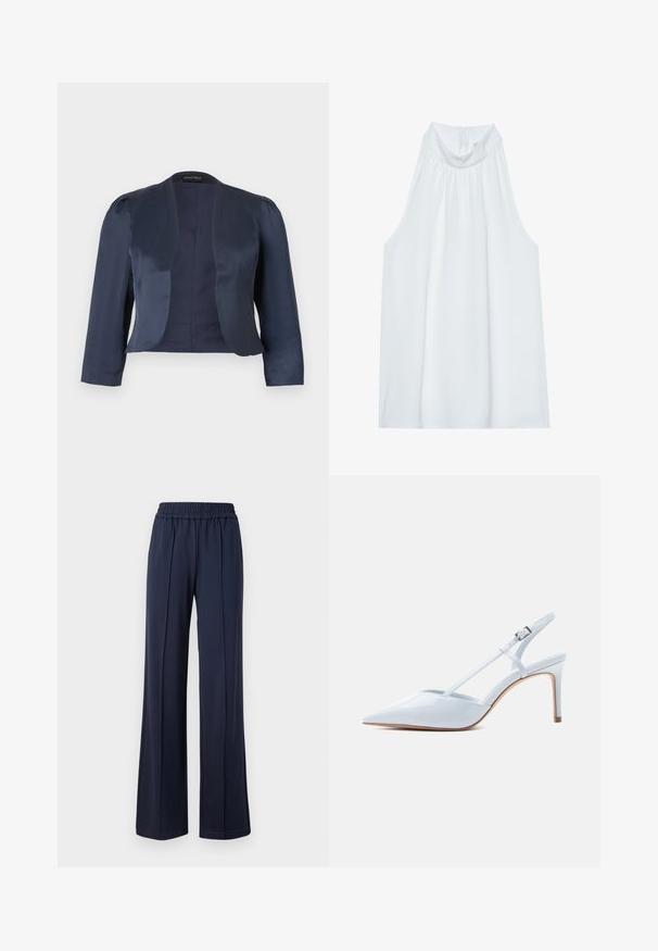 Marineblå cropped åben-front blazer med lange ærmer og let polstrede skuldre, lavet af glat satinstof.; Hvid ærmeløs top med høj hals, der har blødt stof, sammensyning ved halsudskæringen og en skjult lynlås i ryggen.; Mørkeblå, bredbenede bukser med elastisk talje, lavet af et blødt, glat stof. Har rene linjer og en afslappet silhuet.; Hvid laklæder spids tå slingback-sko med tynd rem og mellemhøj stiletthæl på en neutral baggrund.