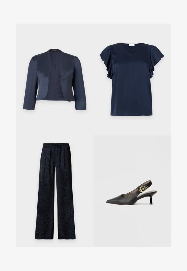 Blazer bleu marine court à devant ouvert avec manches longues et épaules légèrement rembourrées, fabriqué en tissu satin lisse.; Blouse en satin bleu marine avec col en V et manches volantées, présentée sur un fond gris clair.; Pantalons larges en tissu foncé avec un motif léopard noir discret, une taille élastique et une coupe confortable.; Chaussure à talon haut noire à bride arrière, avec un bout pointu, une texture en cuir lisse et une accent de boucle dorée sur la bride.