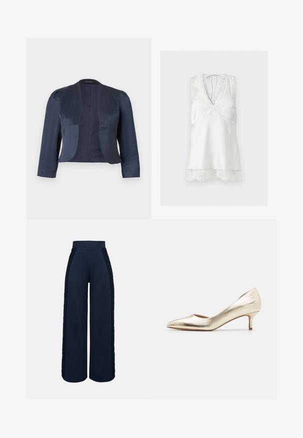 Marineblå cropped åben-front blazer med lange ærmer og let polstrede skuldre, lavet af glat satinstof.; Hvid ærmeløs satin camisole med blondetrim ved V-hals og kant, med bindelukning ved baghalsen.; Marineblå bukser med vide ben, høj talje og blonder langs ydersiden af begge ben.; Metallic guld højhælede pumps med spids tå, slank hæl, glat tekstur og minimale syninger på overdelen.