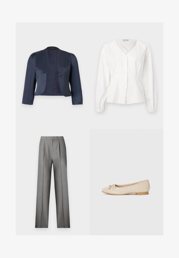 Marineblå cropped åben-front blazer med lange ærmer og let polstrede skuldre, lavet af glat satinstof.; Hvid langærmet bluse med V-hals, knaplukning foran, figursyet talje og elastiske manchetter, vist på en ensfarvet baggrund.; Grå skræddersyede bukser med et plisseret frontpanel, lige ben og en subtil tekstur. Har en linning med bæltestropper og ingen synlige lommer.; Beige balletflader lavet af glat syntetisk materiale. Har en lille blokhæl og en knyttet detalje med gyldne accenter på tåen.