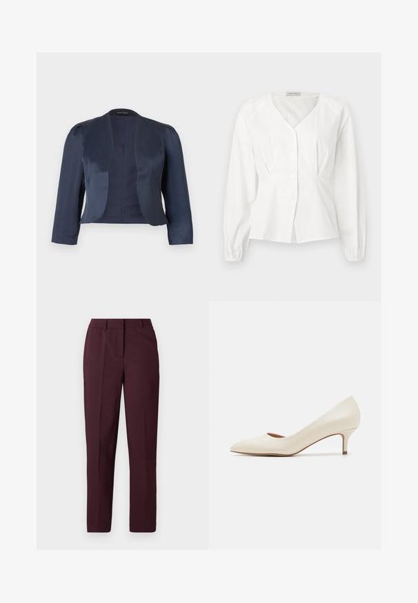 Blazer bleu marine court à devant ouvert avec manches longues et épaules légèrement rembourrées, fabriqué en tissu satin lisse.; Blouse blanche à manches longues avec col en V, boutonnée à l'avant, taille cintrée et poignets élastiques, présentée sur un fond uni.; Pantalon droit bordeaux avec une texture lisse, présentant un devant plat et sans poches visibles. Coupe ajustée avec une coupe classique.; Escarpin beige à petit talon avec un bout pointu et un dessus lisse et brillant. Présente une subtile découpe le long de la voûte et un talon fin et effilé.