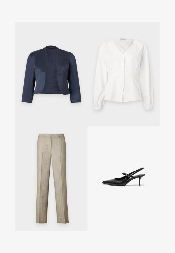 Marineblå cropped åben-front blazer med lange ærmer og let polstrede skuldre, lavet af glat satinstof.; Hvid langærmet bluse med V-hals, knaplukning foran, figursyet talje og elastiske manchetter, vist på en ensfarvet baggrund.; Beige bukser med nålestriber og et lige ben-design, der har en struktureret linning og en subtil tekstur i hele stoffet.; Sorte læder slingback hæle med spids tå, slank justerbar rem og en stiletto hæl på cirka 5 cm, glat tekstur.