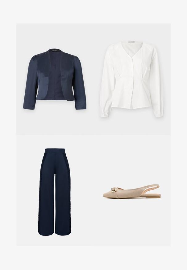 Marineblauwe cropped blazer met open voorzijde, lange mouwen en licht gevoerde schouders, gemaakt van glad satijnen stof.; Witte blouse met lange mouwen en V-hals, knopen aan de voorkant, getailleerde taille en elastische manchetten, getoond op een effen achtergrond.; Marineblauwe wijde broek met hoge tailleband en kanten inzetstukken die aan de buitenkant van beide pijpen lopen.; Beige slingback ballerina's van zacht suède, met een slanke, puntige neus, decoratieve gouden metalen accenten en een minimalistisch ontwerp.