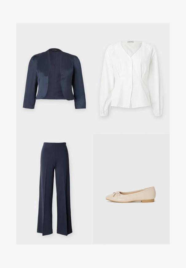 Marineblauwe cropped blazer met open voorzijde, lange mouwen en licht gevoerde schouders, gemaakt van glad satijnen stof.; Witte blouse met lange mouwen en V-hals, knopen aan de voorkant, getailleerde taille en elastische manchetten, getoond op een effen achtergrond.; Marineblauwe wijde broek met zijsplitsingen, hoge taille en een gladde voorkant, weergegeven tegen een witte achtergrond.; Beige balletschoenen van glad synthetisch materiaal. Voorzien van een kleine blokhak en een geknoopt detail met gouden accenten op de teen.