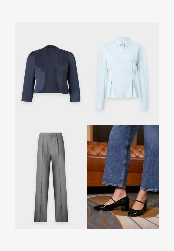Blazer bleu marine court à devant ouvert avec manches longues et épaules légèrement rembourrées, fabriqué en tissu satin lisse.; Chemise bleu clair avec col, manches longues, fermeture boutonnée à l'avant et détails plissés à la taille, en tissu lisse.; Pantalon gris sur mesure avec un devant plissé, une coupe droite et une texture subtile. Il présente une taille avec passants pour ceinture et aucune poche visible.; Des escarpins en cuir verni noir avec un bout pointu, un talon bloc et une bride à la cheville, portés avec un jean en denim à jambes larges, sur un tapis à motifs.
