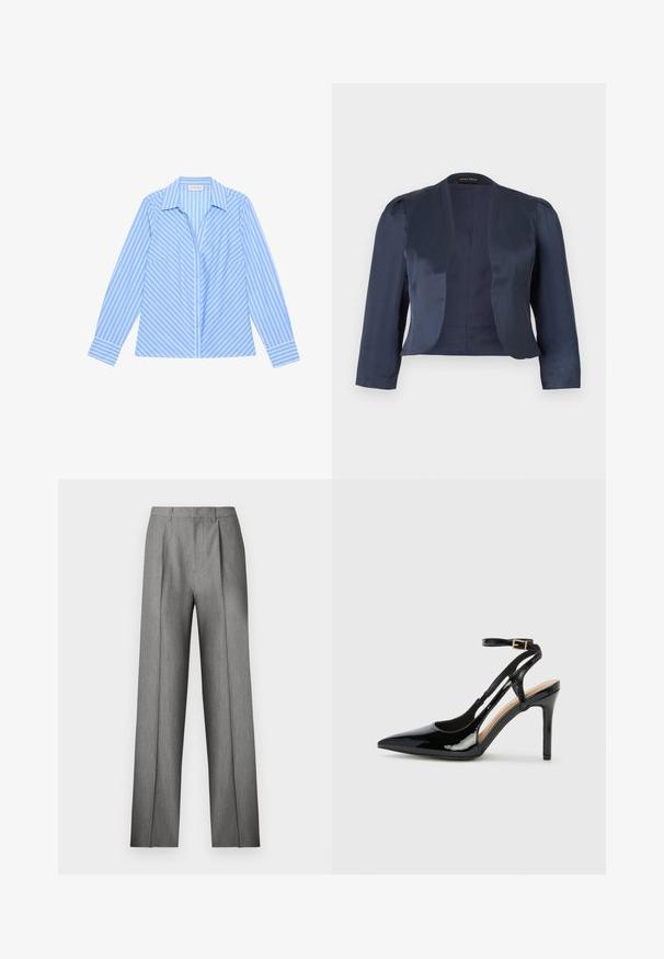 Blazer bleu marine court à devant ouvert avec manches longues et épaules légèrement rembourrées, fabriqué en tissu satin lisse.; Chemise boutonnée bleu clair avec des rayures verticales blanches, manches longues, un col, et deux poches avant. Tissu lisse avec des accents contrastés.; Pantalon gris sur mesure avec un devant plissé, une coupe droite et une texture subtile. Il présente une taille avec passants pour ceinture et aucune poche visible.; Escarpin en cuir verni noir à talon haut, avec un bout pointu, une bride réglable à la cheville et des côtés ouverts. Texture lisse.