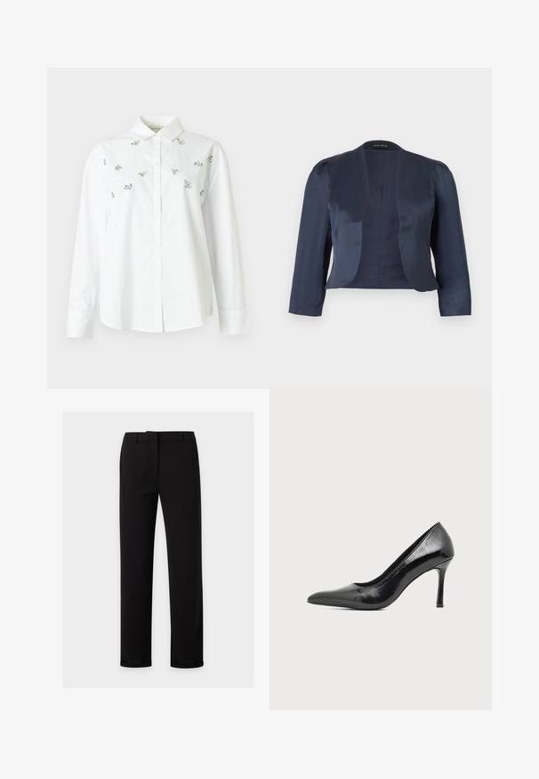 Blazer bleu marine court à devant ouvert avec manches longues et épaules légèrement rembourrées, fabriqué en tissu satin lisse.; Chemise blanche boutonnée en coton, ornée de petits embellissements argentés dispersés. Manches longues et col classique.; Pantalon noir à jambes droites avec passants de ceinture, fermeture éclair à l'avant et une ceinture lisse, présenté sur un fond clair uni.; Chaussure à talon haut pour femme en cuir verni noir avec bout pointu et talon fin sur fond clair uni.