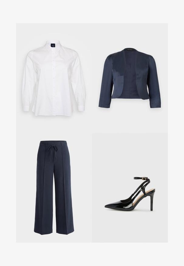 Marineblå cropped åben-front blazer med lange ærmer og let polstrede skuldre, lavet af glat satinstof.; Hvid langærmet skjorte med knaplukning foran, krave, lavet af bomuld. Har en blød tekstur og afslappet pasform, med afrundet kant og knapmanchetter.; Navyblå viddebukser med forreste læg og et stofbælte bundet i taljen på en ensfarvet lys baggrund.; Sorte laklæder højhælede slingback-sko med spids tå, justerbar ankelrem og åben sider. Glat tekstur.