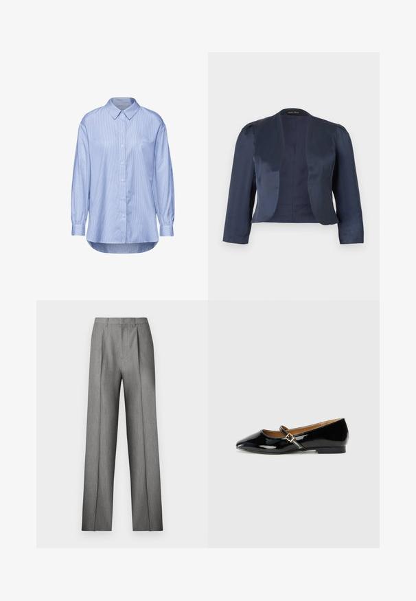 Marineblå cropped åben-front blazer med lange ærmer og let polstrede skuldre, lavet af glat satinstof.; Lys blå skjorte med knapper og lodret stribemønster, lange ærmer med knapmanchetter og en klassisk krave.; Grå skræddersyede bukser med et plisseret frontpanel, lige ben og en subtil tekstur. Har en linning med bæltestropper og ingen synlige lommer.; Sorte patenterede lædersko med spids tå, ankelrem med en guldfarvet spænde og en lav blokhæle. Glat, skinnende overflade.
