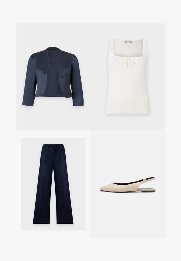 Marineblauwe cropped blazer met open voorzijde, lange mouwen en licht gevoerde schouders, gemaakt van glad satijnen stof.; Witte geribbelde mouwloze tanktop met vierkante halslijn en een klein gestrikt strikje in het midden aan de voorkant.; Donkerblauwe broek met wijde pijpen, subtiele zigzagstructuur, elastische tailleband en koordsluiting.; Beige leren slingback ballerina's met een spitse neus, minimalistisch ontwerp, gladde textuur en een lage zwarte zool.