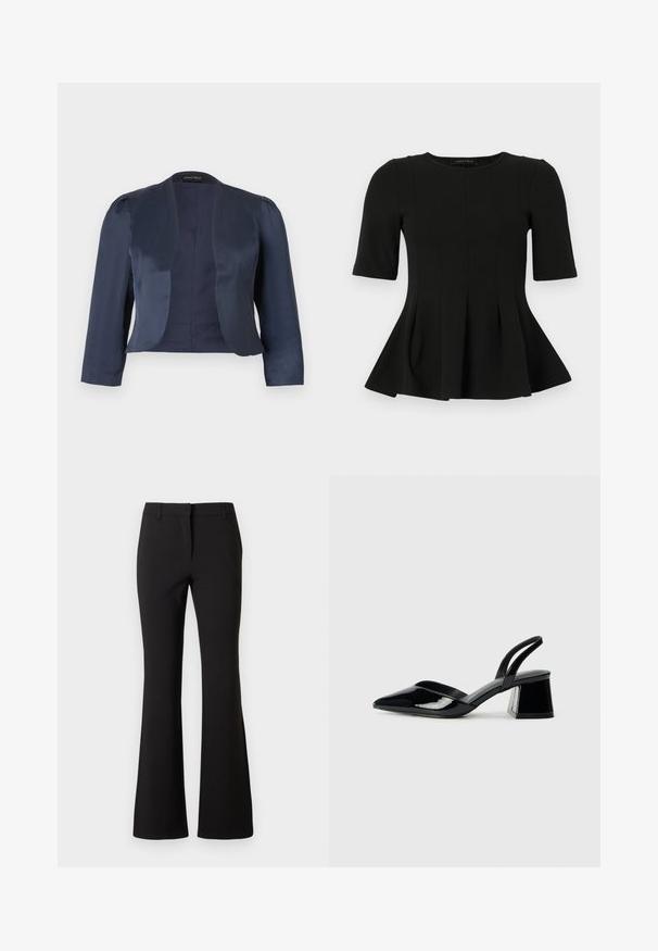 Blazer azul marino corto de corte abierto con mangas largas y hombros ligeramente acolchados, hecho de tela satinada suave.; Top peplum negro de manga corta con escote redondo y detalles de costura vertical, presentado sobre un fondo blanco.; Pantalones negros acampanados de tela suave, con pliegue frontal, trabillas para cinturón y un ajuste entallado. Diseño limpio sin patrones visibles.; Zapatos de tacón slingback de charol negro con punta afilada y tacón geométrico en bloque. Presentan un diseño elegante y minimalista, así como una textura suave.