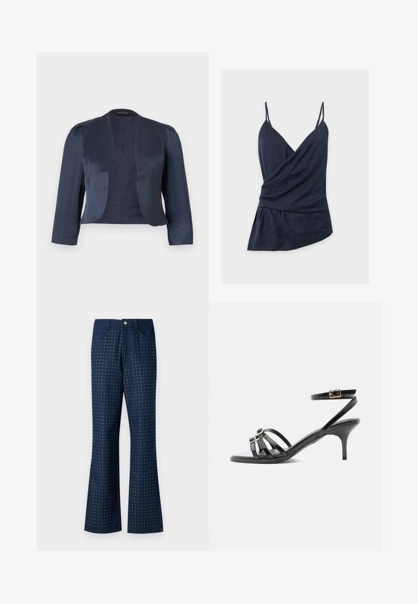 Marineblå cropped åben-front blazer med lange ærmer og let polstrede skuldre, lavet af glat satinstof.; Marineblå ærmeløs wrap-top med tynde spaghetti-stropper, V-udskæring, draperet stof og asymmetrisk kant på en ensfarvet hvid baggrund.; Mørkeblå jeans med bredde i buksebenene, der har et prikket mønster over hele, fem lommer og knaplukning i metal. Fremstillet af denimstof.; Sort læder sandal med stropper, lille hæl, firkantet tå, to spænder foran og en ankelrem med guldspænde.