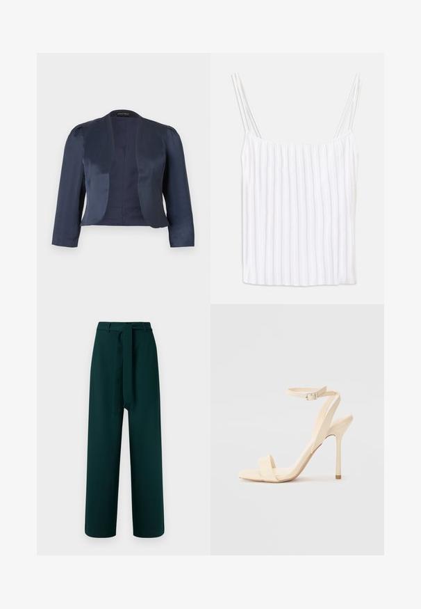 Marineblå cropped åben-front blazer med lange ærmer og let polstrede skuldre, lavet af glat satinstof.; Hvid ærmeløs top med tynde spaghettistropper, der har en lodret ribbet tekstur og en lige kant. Letvægtsstof, minimalistisk design.; Grønne bukser med vidt ben, bæltestropper, et bundet stofbælte og en glat tekstur; har høj talje og uden synligt mønster.; Beige højhælede sandaler med en slank ankelrem og firkantet tå. Glat syntetisk materiale, minimalistisk design og stiletto-hæl.