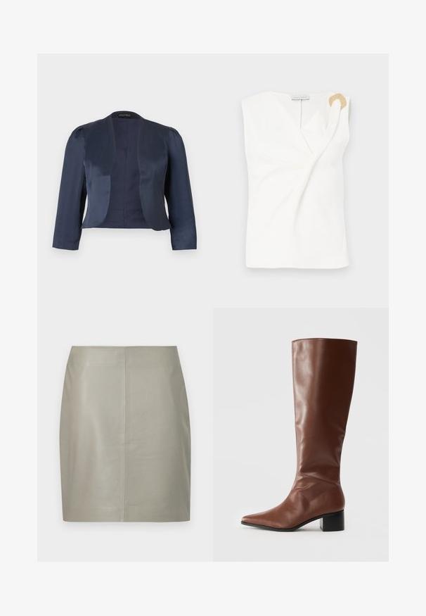 Blazer bleu marine court à devant ouvert avec manches longues et épaules légèrement rembourrées, fabriqué en tissu satin lisse.; Blouse sans manches blanche avec un design croisé, présentant un détail décoratif en forme d'anneau doré sur l'épaule droite.; Jupe en cuir beige longueur genou avec une coupe droite et une couture verticale centrale, présentée sur un fond blanc.; Botte haute en cuir marron jusqu'au genou avec un bout pointu, une texture lisse et un talon carré épais. Design décontracté sans ferrure visible.