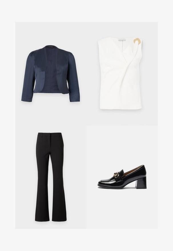 Marineblå cropped åben-front blazer med lange ærmer og let polstrede skuldre, lavet af glat satinstof.; Ærmeløs hvid bluse med en indpakningsdesign, der har en guldfarvet dekorativ ringdetalje på den højre skulder.; Sorte viddebukser lavet af glat stof med en forreste pressefold, bæltestropper og en skræddersyet pasform. Ren design uden synlige mønstre.; Sorte patentlæder hæl loafers med rund tå, kraftigere hæl og en guldfarvet hardwaredetalje på den forreste rem.