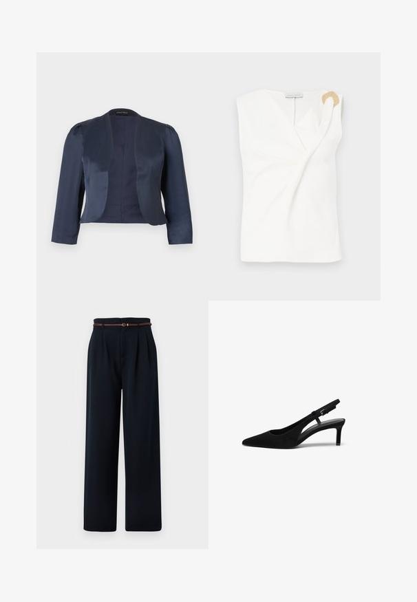 Marineblå cropped åben-front blazer med lange ærmer og let polstrede skuldre, lavet af glat satinstof.; Ærmeløs hvid bluse med en indpakningsdesign, der har en guldfarvet dekorativ ringdetalje på den højre skulder.; Sorte bukser med høj talje og vide ben med plisseringer og et tyndt, brunt flettet bælte, vist på en hvid baggrund.; Sorte ruskind slingback sko med spids tå, lav hæl, åben side og justerbar strop med en metalspænde. Glat tekstur.