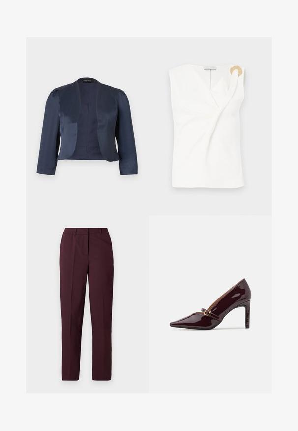 Marineblå cropped åben-front blazer med lange ærmer og let polstrede skuldre, lavet af glat satinstof.; Ærmeløs hvid bluse med en indpakningsdesign, der har en guldfarvet dekorativ ringdetalje på den højre skulder.; Burgunderrøde bukser med lige ben og en glat tekstur, der har en flad front og ingen synlige lommer. Skræddersyet design med en klassisk pasform.; Patenteret bordeaux højhælet sko med spidse tæer, ankelrem med guldhardware og en slank, poleret finish. Hævet stilettohæl.