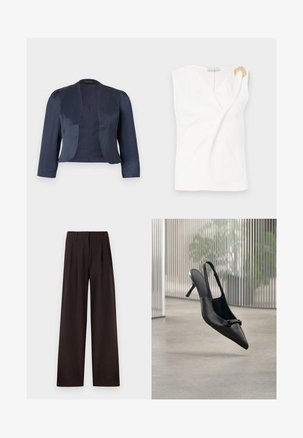Blazer bleu marine court à devant ouvert avec manches longues et épaules légèrement rembourrées, fabriqué en tissu satin lisse.; Blouse sans manches blanche avec un design croisé, présentant un détail décoratif en forme d'anneau doré sur l'épaule droite.; Pantalon marron foncé à jambes larges avec plis et passants pour ceinture, doté d'une fermeture éclair avant et d'un ourlet net sur un fond uni.; Chaussure à talon haut à bride arrière en cuir noir texturé avec un bout pointu et une petite boucle décorative, flottant au-dessus d'un sol lisse.