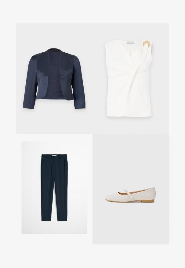 Marineblå cropped åben-front blazer med lange ærmer og let polstrede skuldre, lavet af glat satinstof.; Ærmeløs hvid bluse med en indpakningsdesign, der har en guldfarvet dekorativ ringdetalje på den højre skulder.; Marineblå smalle formelle bukser med bæltestropper, knap foran og skjult lynlås, vist på en ensfarvet hvid baggrund.; Flade sko i blødt beige materiale med en spids tådesign. Har en dekorativ rem med hvide perledetaljer. Lav hæl.