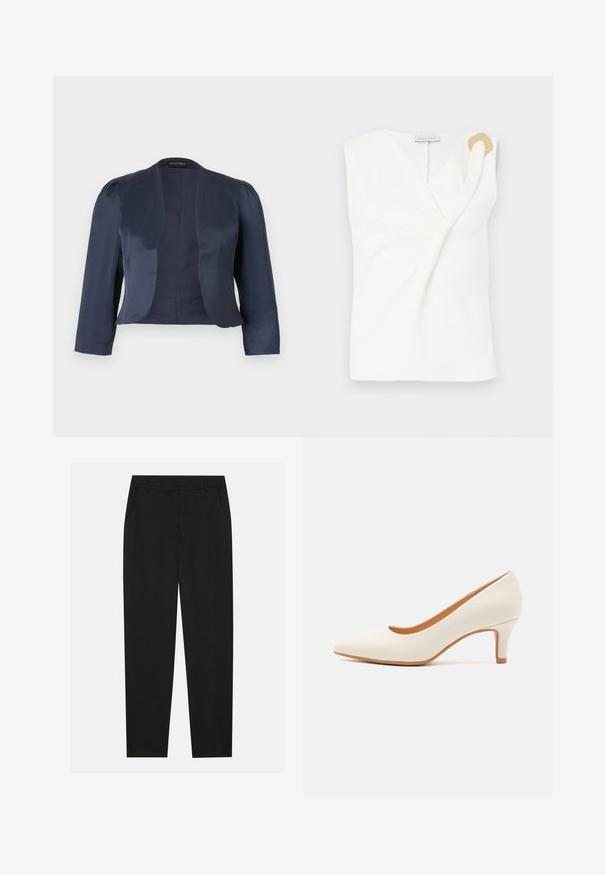Blazer bleu marine court à devant ouvert avec manches longues et épaules légèrement rembourrées, fabriqué en tissu satin lisse.; Blouse sans manches blanche avec un design croisé, présentant un détail décoratif en forme d'anneau doré sur l'épaule droite.; Pantalon noir au design ajusté, doté de poches latérales et d'une jambe droite. Fabriqué en tissu lisse et léger avec une finition élégante.; Chaussure à talon haute en cuir blanc avec un bout pointu et un talon fin, légèrement incliné. Texture lisse avec un design minimaliste et une semelle beige.