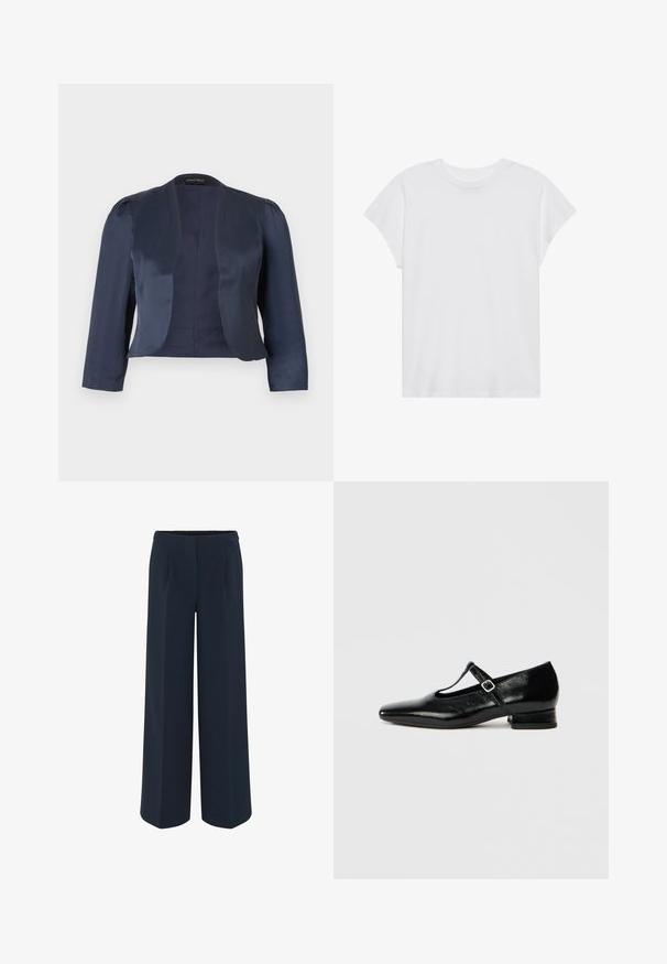 Marineblauer, kurz geschnittener Blazer mit offenem Vorderteil, langen Ärmeln und leicht gepolsterten Schultern, gefertigt aus glattem Satinstoff.; Weißes kurzärmliges T-Shirt mit Rundhalsausschnitt, lockerer Passform, aus weichem Baumwollstoff. Glatte Textur, keine Muster oder Logos.; Weite Hose in Dunkelblau, aus glattem Stoff, mit maßgeschneiderten Falten und hohem Taillendesign. Keine sichtbaren Taschen oder Verzierungen.; Schwarze Mary Jane Schuhe aus Leder mit spitzer Spitze, kleinem Blockabsatz und verstellbarem Riemen mit silberner Schnalle. Glatte, glänzende Textur.