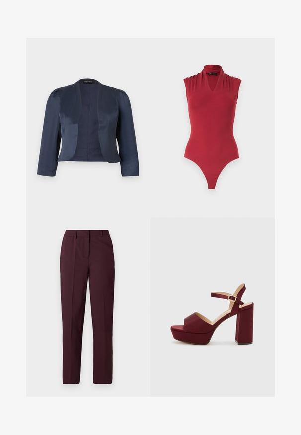 Blazer bleu marine court à devant ouvert avec manches longues et épaules légèrement rembourrées, fabriqué en tissu satin lisse.; Body rouge sans manches avec un décolleté en V et des détails froncés aux épaules, conçu pour une silhouette ajustée.; Pantalon droit bordeaux avec une texture lisse, présentant un devant plat et sans poches visibles. Coupe ajustée avec une coupe classique.; Sandales à plateforme bourgogne avec un bout ouvert, un talon bloc épais, une sangle de cheville et une finition satinée. Présente un design à l'avant en croisé.