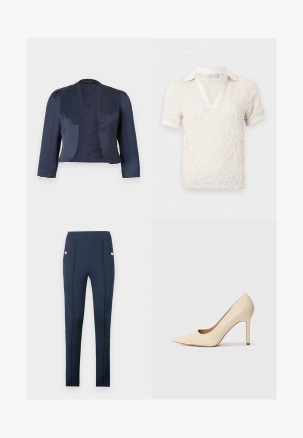 Marineblå cropped åben-front blazer med lange ærmer og let polstrede skuldre, lavet af glat satinstof.; Cremefarvet kortærmet bluse i blonder med blomsterprint, V-hals og krave, lavet af let gennemsigtigt stof.; Mørkeblå slim-fit bukser med sydd foran sømme og skrå side lommer, hver med en enkelt rund guldknap.; Beige læder højhælede pumps med spidse tæer og et udskæringsdetalje på siden, der har en slank stilettohæl for støtte.