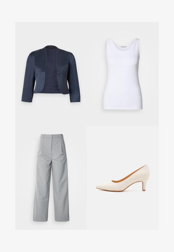 Marineblauwe cropped blazer met open voorzijde, lange mouwen en licht gevoerde schouders, gemaakt van glad satijnen stof.; Witte top met een gladde, rekbare stof. Beschikt over een ronde halslijn en brede schouderbanden. De zoom zit net onder de taille. Geen patronen of accenten.; Grijze wijde broek van gestructureerde stof, met een hoge taille, plooien aan de voorkant en een rechte pasvorm naar de zoom.; Witte leren hoge hak met een puntige neus en een slanke, licht hellende hak. Gladde textuur met een minimalistisch ontwerp en een tan gekleurde zool.