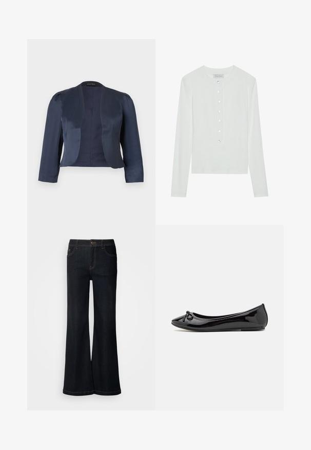 Marineblauwe cropped blazer met open voorzijde, lange mouwen en licht gevoerde schouders, gemaakt van glad satijnen stof.; Witte lange mouwen top van ribstof, met een ronde halslijn en een knopenfront met zes doorzichtige knopen.; Mos Mosh MMDARA DELUXE JEANS - Relaxed fit jeans - dark blue; Zwarte gepatenteerde leren ballerina met een spitse neus, decoratieve strik aan de voorkant en een gestructureerde rubberen zool.