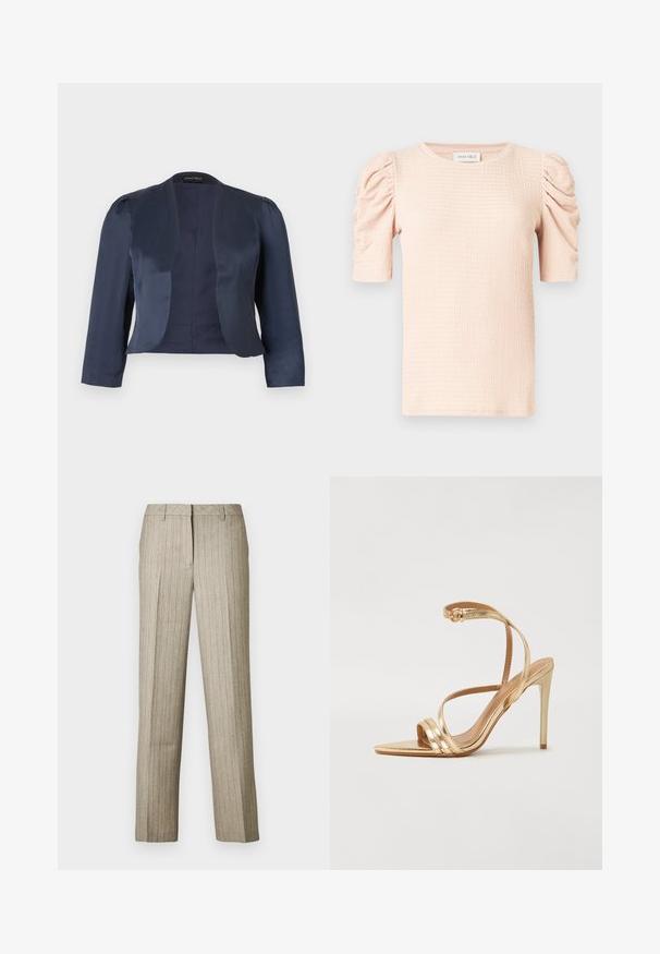 Navy blue cropped open-front blazer with long sleeves and slightly padded shoulders, made of smooth satin fabric.; Light pink short-sleeve blouse with puffed shoulders, textured fabric, and a round neckline. Label reads "ANNA FIELD."; Beige pinstriped trousers with a straight leg design, featuring a structured waistband and subtle texture throughout the fabric.; Even&Odd by Zalando Sandals - gold