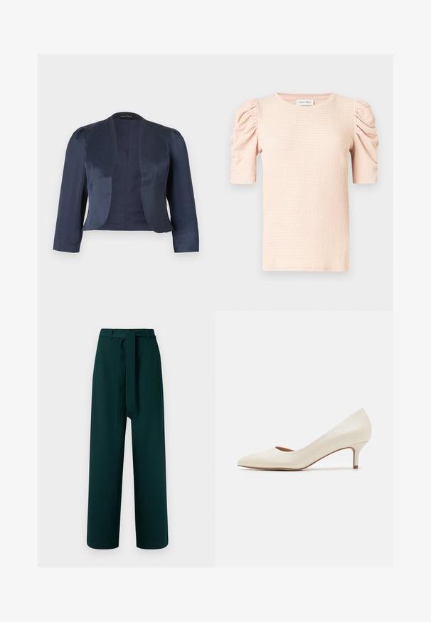 Marineblå cropped åben-front blazer med lange ærmer og let polstrede skuldre, lavet af glat satinstof.; Lyserød bluse med korte ærmer og puffede skuldre, tekstureret stof og rund halsudskæring. Mærket lyder "ANNA FIELD."; Grønne bukser med vidt ben, bæltestropper, et bundet stofbælte og en glat tekstur; har høj talje og uden synligt mønster.; Beige lavpumpe med lav hæl og spidse tæer samt en glat, blank overflade. Har en diskret udskæring langs buen og en slank, tapet hæl.