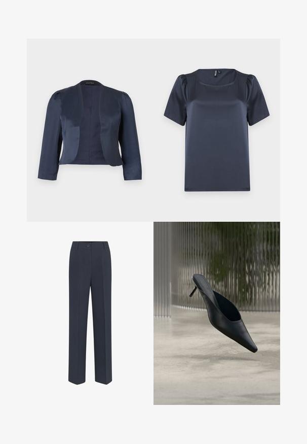 Marineblå cropped åben-front blazer med lange ærmer og let polstrede skuldre, lavet af glat satinstof.; Mørkeblå kortærmet top i glat satinmateriale. Har en firkantet halsudskæring og puffede ærmer, med en lige pasform og uden synlige mønstre.; Marineblå, skræddersyede bukser med lige ben, der har lukkefunktion foran med knap og diskrete stolpefure detaljer. Glat stofstruktur.; Sort mule sko med spids tå og tynd høj hæl, der svæver over en glat beton gulv med en sløret baggrund med lodrette striber.