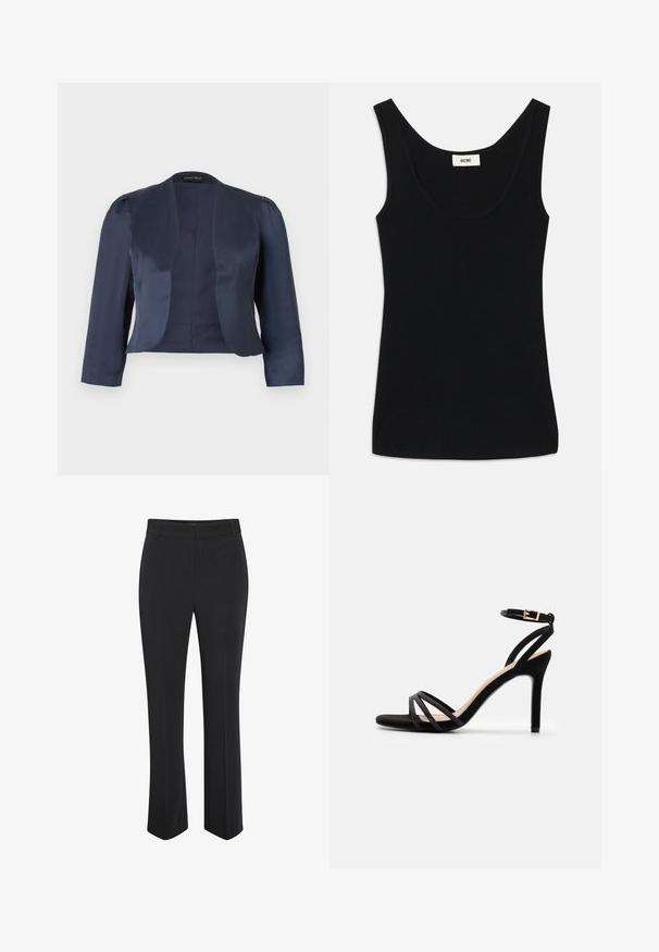 Marineblå cropped åben-front blazer med lange ærmer og let polstrede skuldre, lavet af glat satinstof.; Sorte top lavet af blød stof med en scoop-halsudskæring og brede skulderstropper. Har en tætsiddende silhuet og et rent, sømløst design.; Sorte, skræddersyede bukser med lige ben. Fremstillet af glat stof, med en taljeret linning i taljen og en diskret presning foran.; Anna Field Sandaler - black