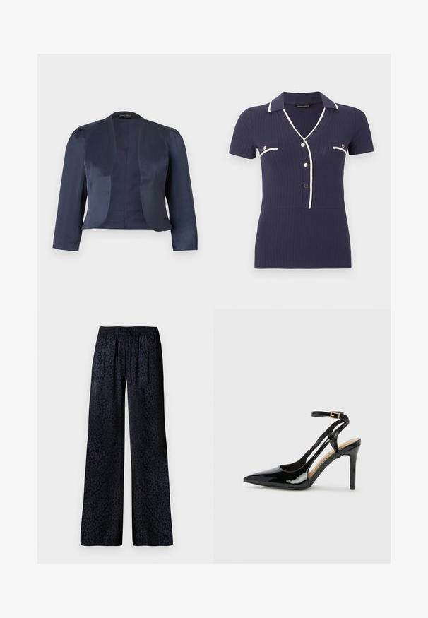 Marineblauwe cropped blazer met open voorzijde, lange mouwen en licht gevoerde schouders, gemaakt van glad satijnen stof.; Marineblauw, kortermig gebreid shirt met witte bies, gouden knopen, twee borstzakken en een V-hals.; Wijd-valgende broek van donker stof met een subtiel zwart luipaardprintpatroon, een elastische tailleband en een comfortabele val.; Zwarte lakleren hoge hak slingback schoenen met spitse neus, verstelbare enkelband en open zijkanten. Gladde textuur.