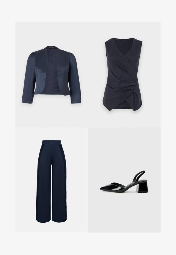 Marineblauwe cropped blazer met open voorzijde, lange mouwen en licht gevoerde schouders, gemaakt van glad satijnen stof.; Mouwloze donkerblauwe wikkeltop met V-hals en geplooide drapering aan de voorrand, gelabeld Anna Field.; Marineblauwe wijde broek met hoge tailleband en kanten inzetstukken die aan de buitenkant van beide pijpen lopen.; Zwarte gepatineerde leren slingback hakken met een spitse neus en een geometrische blokhak. Kenmerkt zich door een slank, minimalistisch ontwerp en een gladde textuur.