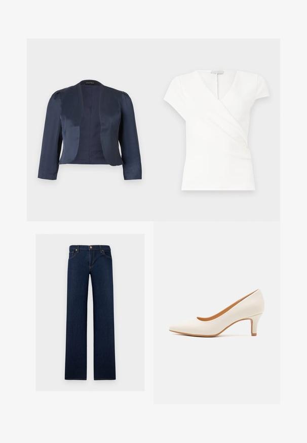 Marineblauwe cropped blazer met open voorzijde, lange mouwen en licht gevoerde schouders, gemaakt van glad satijnen stof.; Witte dames top met korte mouwen, V-hals en wikkeldesign, voorzien van subtiele plooien aan de voorkant.; Donkerblauwe straight-leg spijkerbroek met vijf zakken en een knoopsluiting in de taille.; Witte leren hoge hak met een puntige neus en een slanke, licht hellende hak. Gladde textuur met een minimalistisch ontwerp en een tan gekleurde zool.
