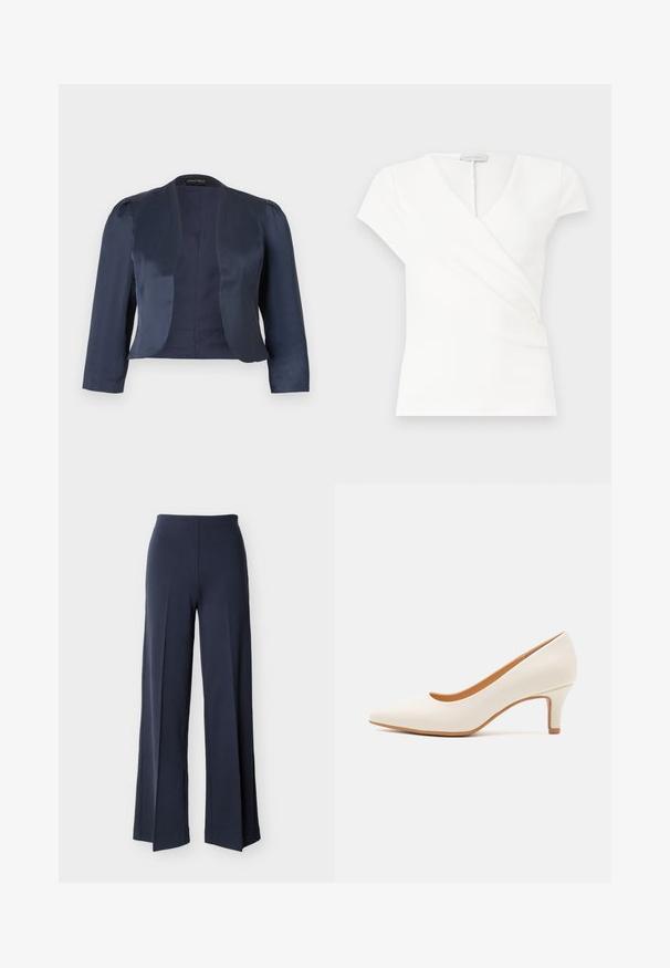 Blazer bleu marine court à devant ouvert avec manches longues et épaules légèrement rembourrées, fabriqué en tissu satin lisse.; Haut blanc à manches courtes pour femmes avec col en V et design portefeuille, présentant de subtils plis à l'avant.; Pantalon large bleu marine avec fentes latérales, taille haute et devant lisse, présenté sur un fond blanc.; Chaussure à talon haute en cuir blanc avec un bout pointu et un talon fin, légèrement incliné. Texture lisse avec un design minimaliste et une semelle beige.