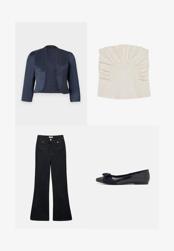 Marineblå cropped åben-front blazer med lange ærmer og let polstrede skuldre, lavet af glat satinstof.; Cremefarvet top med samlet stof, der har en rund halsudskæring og en glat tekstur. Designet inkluderer plisseringer langs kanterne.; Sorte denim jeans med høj talje, flared ben, to frontlommer og orange syninger. Materialet ser solidt og glat ud.; Marineblå balletflade med en blank patentfinish og en struktureret ruskindsløkke på tåen, der har en rund tå og flad sål.