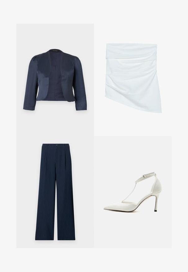 Blazer bleu marine court à devant ouvert avec manches longues et épaules légèrement rembourrées, fabriqué en tissu satin lisse.; Jupe mini en tissu blanc avec un design drapé, présentant une texture douce et une forme asymétrique, plissée à la taille pour un style supplémentaire.; Pantalon large à rayures fines bleu marine avec passants pour ceinture, bouton avant et plis, présenté à plat sur fond blanc.; Escarpin blanc à bout pointu avec fine bride de cheville et boucle, finition lisse et talon stiletto fin sur un fond uni.