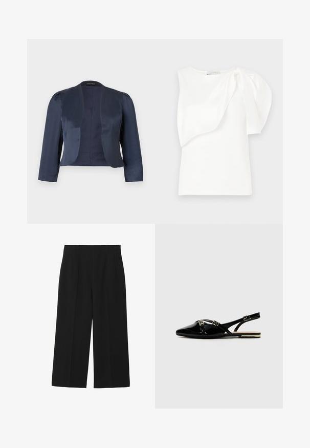 Blazer bleu marine court à devant ouvert avec manches longues et épaules légèrement rembourrées, fabriqué en tissu satin lisse.; Haut sans manches blanc avec détail de tissu superposé asymétrique et manches bouffantes froncées sur une épaule, présenté à plat sur un fond blanc.; Pantalons larges noirs en tissu lisse, avec deux poches avant, un devant plat, et une fermeture éclair sur le côté.; Des chaussures slingback en cuir verni noir avec un bout pointu, ornées de deux boucles dorées et d'un petit talon. Texture lisse et design minimaliste.