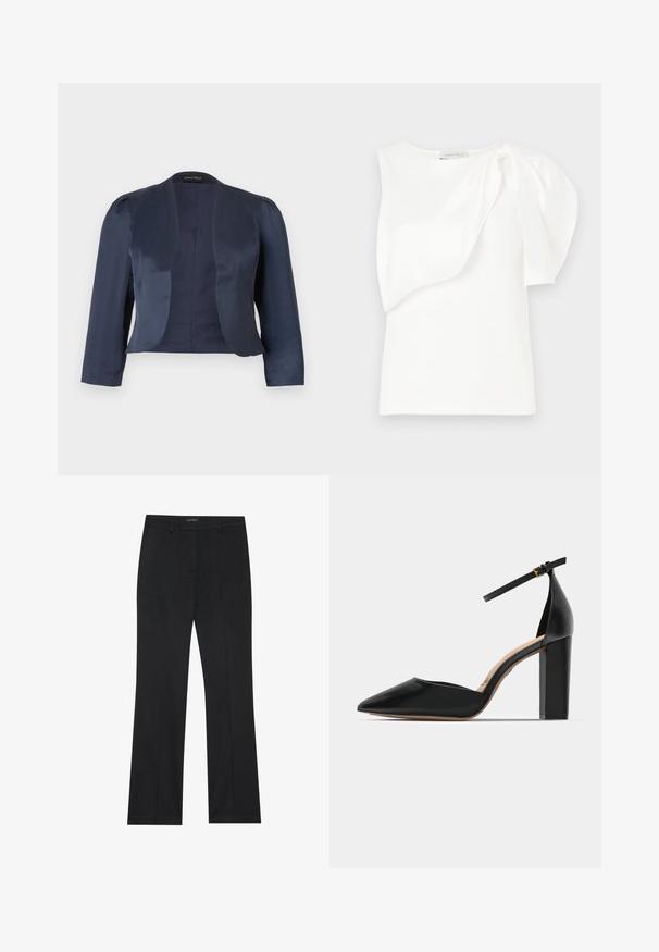 Marineblauer, kurz geschnittener Blazer mit offenem Vorderteil, langen Ärmeln und leicht gepolsterten Schultern, gefertigt aus glattem Satinstoff.; Weißes ärmelloses Top mit asymmetrischem, geschichtetem Stoffdetail und gerafftem Puff auf einer Schulter, flach ausgelegt auf weißem Hintergrund.; Schwarze Hose mit geradem Schnitt, glatter Stoff und ohne sichtbare Muster. Entworfen mit klassischen Fronttaschen und einem Reißverschluss.; Schwarzer Leder-Pumps mit Knöchelriemen, spitzem Zeh und quadratischem Blockabsatz. Glatte Textur mit minimalistischer Gestaltung.