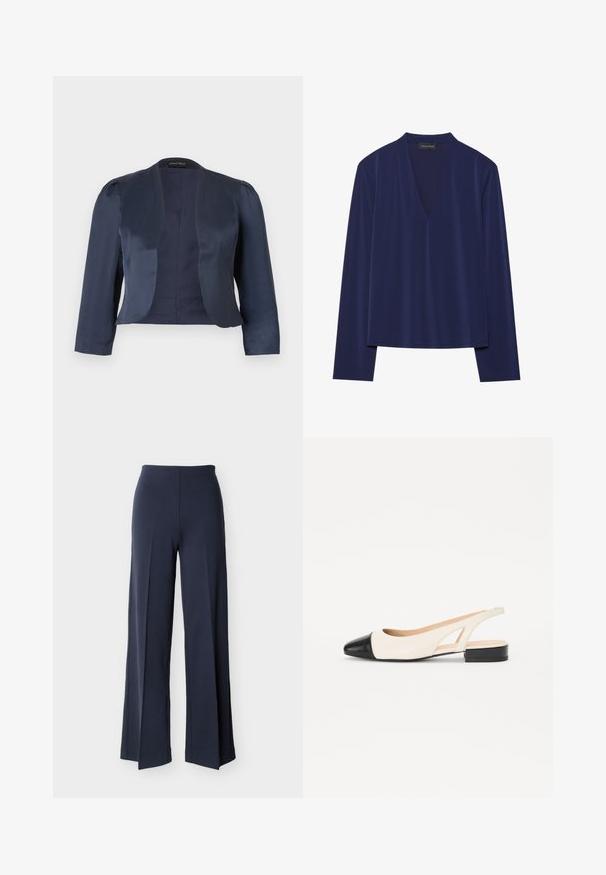 Blazer bleu marine court à devant ouvert avec manches longues et épaules légèrement rembourrées, fabriqué en tissu satin lisse.; T-shirt à manches longues bleu marine avec un décolleté en V profond et un tissu doux et lisse. La conception offre une coupe décontractée avec peu de coutures et sans motifs.; Pantalon large bleu marine avec fentes latérales, taille haute et devant lisse, présenté sur un fond blanc.; Chaussure slingback avec un dessus crème et un embout noir brillant. Elle présente un petit talon carré et des découpes sur les côtés.