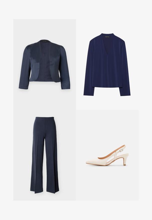 Marineblå cropped åben-front blazer med lange ærmer og let polstrede skuldre, lavet af glat satinstof.; Mørkeblå langærmet bluse med dyb V-udskæring og blødt, glat stof. Designet har en afslappet pasform med minimale sømme og ingen mønstre.; Marineblå bukser med vide ben og sideslidser, høj talje og glat front, vist mod en hvid baggrund.; Hvide slingback hæle med spids tå, glat overmateriale, lav blokhæl og sideudskæringsdesign med justerbar spænderem.