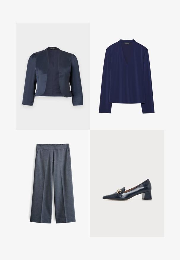 Marineblauer, kurz geschnittener Blazer mit offenem Vorderteil, langen Ärmeln und leicht gepolsterten Schultern, gefertigt aus glattem Satinstoff.; Marineblaues Langarmoberteil mit tiefem V-Ausschnitt und weichem, glattem Stoff. Das Design hat eine lässige Passform mit minimalen Nähten und ohne Muster.; Weite Hosen aus dunkelgrauem Stoff. Mit elastischem Bund, zwei Vordertaschen und einer glatten Textur mit einem dezenten Muster.; Damen Lackleder Schuh in Marineblau mit niedrigem Blockabsatz, spitzer Schuhspitze und goldener Kettendetailierung am Rist.