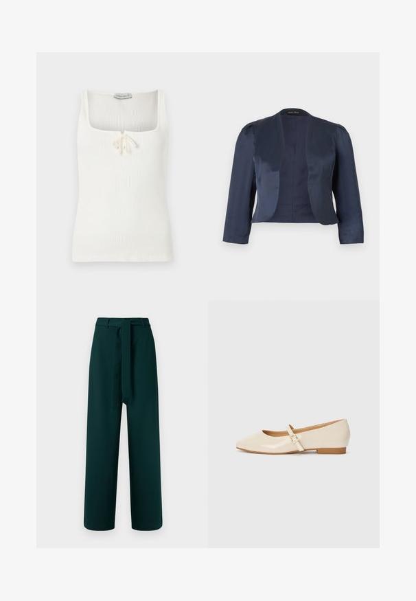 Blazer bleu marine court à devant ouvert avec manches longues et épaules légèrement rembourrées, fabriqué en tissu satin lisse.; Débardeur blanc côtelé sans manches avec un décolleté carré et un petit nœud noué au centre devant.; Pantalon vert à coupe large, avec passants de ceinture, ceinture en tissu nouée et texture lisse ; présente une taille haute et aucun motif visible.; Ballerines en cuir verni beige avec un embout carré, un petit talon et une bride ajustable à la cheville avec une boucle dorée.