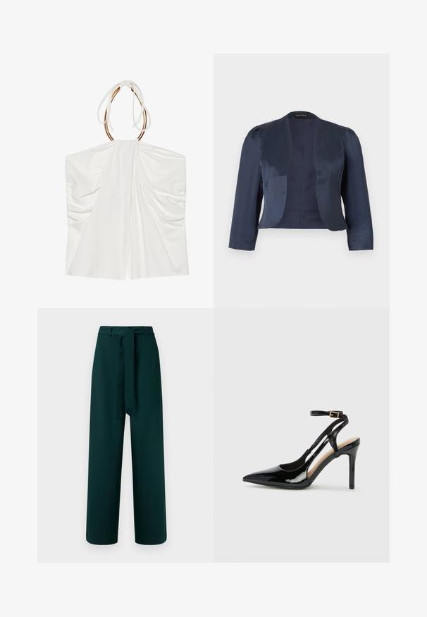Marineblå cropped åben-front blazer med lange ærmer og let polstrede skuldre, lavet af glat satinstof.; Hvid ærmeløs top med draperet stof, en indsnøret halterneck og detaljer i guldfarvet metal. Blød tekstur og let, flydende design.; Grønne bukser med vidt ben, bæltestropper, et bundet stofbælte og en glat tekstur; har høj talje og uden synligt mønster.; Sorte laklæder højhælede slingback-sko med spids tå, justerbar ankelrem og åben sider. Glat tekstur.