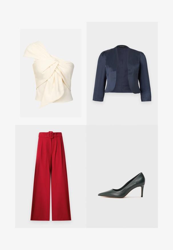 Marineblauwe cropped blazer met open voorzijde, lange mouwen en licht gevoerde schouders, gemaakt van glad satijnen stof.; Crème top met één schouder, gemaakt van een soepele stof, met een grote gedraaide knoopdetail aan de voorkant en een aansluitende pasvorm.; Rode wijde broek met een hoge taille, voorplooien en een bijpassende stoffen riem met een rechthoekige gesp.; Zwarte leren puntige hoge hak schoen met een slanke stiletto hak op een effen lichte achtergrond.