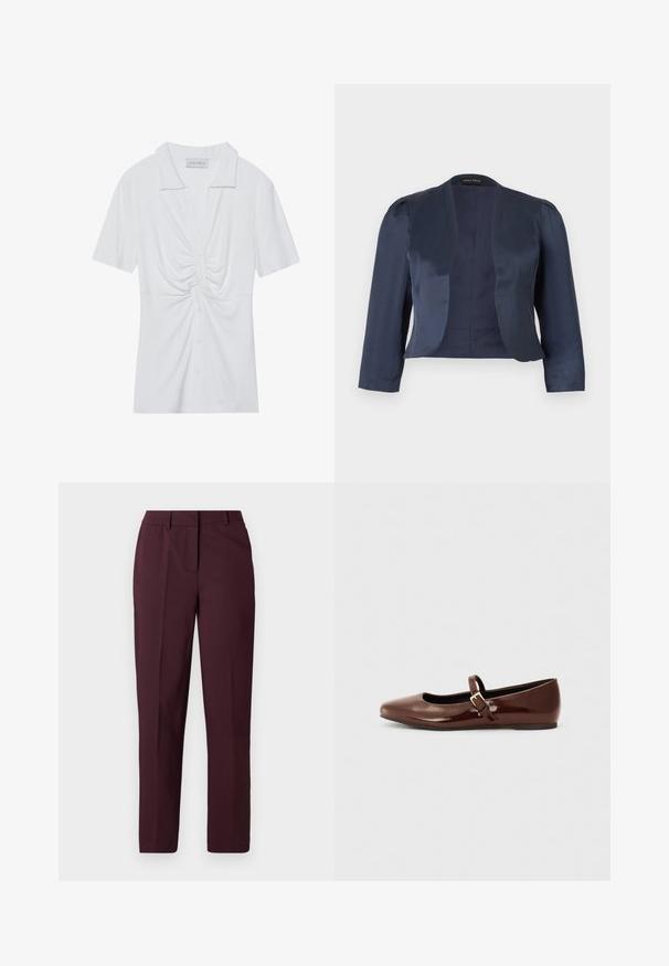 Marineblauwe cropped blazer met open voorzijde, lange mouwen en licht gevoerde schouders, gemaakt van glad satijnen stof.; Witte blouse met korte mouwen en kraag, met een gedraaid knooppuntdetail aan de voorkant en een knoopsluiting. Glad ribbeltextuur.; Bordeauxrode rechte broek met een gladde textuur, voorzien van een vlakke voorkant en zonder zichtbare zakken. Op maat gemaakt ontwerp met een klassieke pasvorm.; Bruine gepatineerde leren balletschoen met een vierkante neus en een bandje met een kleine gouden gesp. Gladde textuur, lage hak en minimalistisch ontwerp.