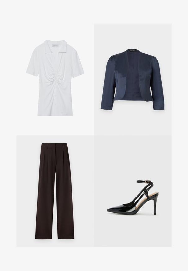 Marineblauwe cropped blazer met open voorzijde, lange mouwen en licht gevoerde schouders, gemaakt van glad satijnen stof.; Witte blouse met korte mouwen en kraag, met een gedraaid knooppuntdetail aan de voorkant en een knoopsluiting. Glad ribbeltextuur.; Donkerbruine wijde pantalon met plooi en riemlussen, voorzien van een voorrits en een nette zoom tegen een effen achtergrond.; Zwarte lakleren hoge hak slingback schoenen met spitse neus, verstelbare enkelband en open zijkanten. Gladde textuur.
