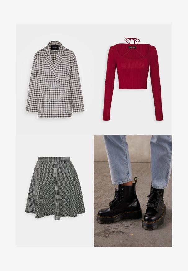 Monki Σακάκι - grey; Even&Odd by Zalando Μπλούζα με μακριά μανίκια - bordeaux; Καρό φούστα σκιτέρ μαύρης και άσπρης απόχρωσης με εφαρμοστό ζωνάκι και φαρδύ στρίφωμα, κατασκευασμένη από υφασμάτινο υλικό που παρουσιάζει κλασικό σχέδιο.; Άτομο που φοράει ανοιχτό μπλε τζιν και μαύρα δερμάτινα πλατφόρμα μποτάκια με κίτρινα ραφές σε τσιμεντένιο πάτωμα.